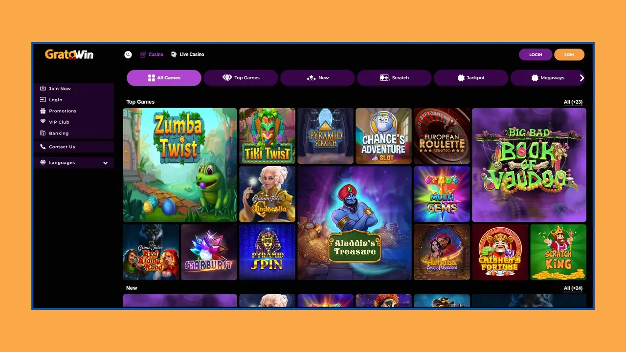 Assortimento di giochi nella versione mobile del casinò Gratowin